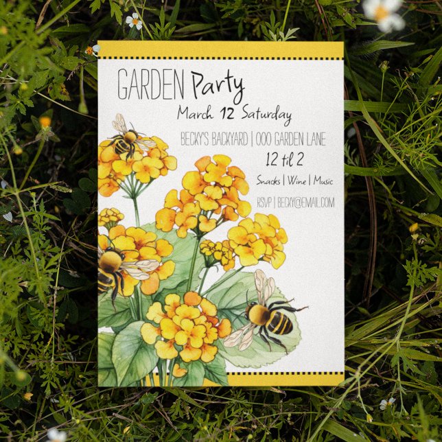 Bee Themed Garden Party with Yellow Flowers Invitation (Garden Party Yellow Bumble Bee themed customizable party invitation for spring events. )