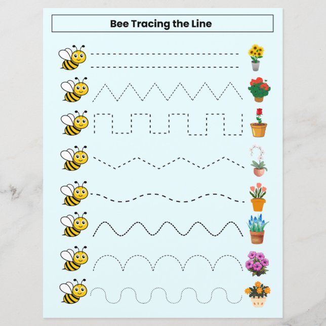 Bee tracing the line worksheet for kids (Front)