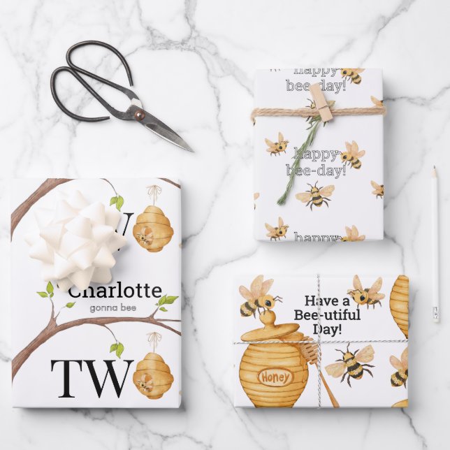 Bee Turning Two Birthday Gift Wrapping Paper Sheet (Front)