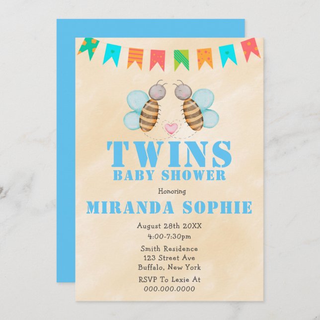 Bee Twins Watercolor Baby Shower Invitations  (Front/Back)