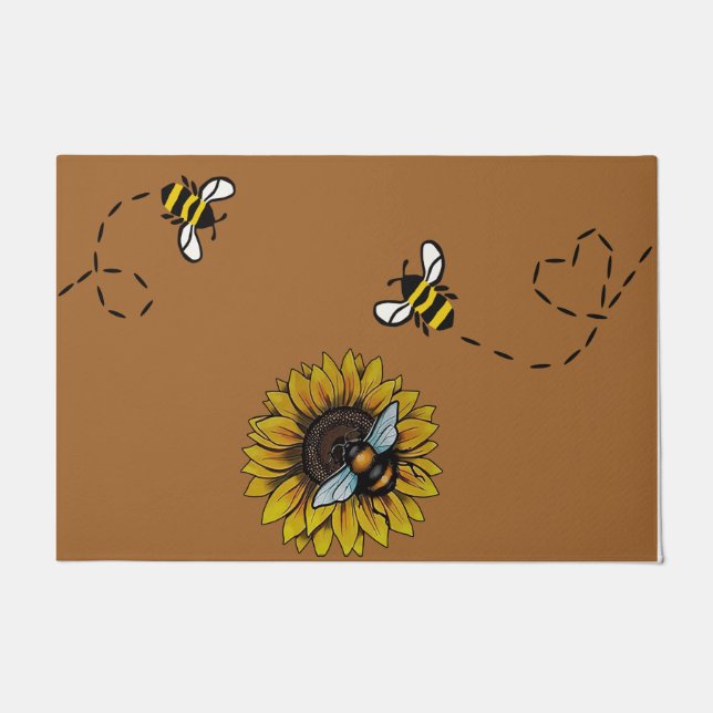 Bee With Sunflower Door Mat, Happy Bee Doormat (Front)
