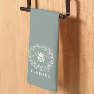 Bee Wreath Family Monogram Name Sage Green Tea Towel