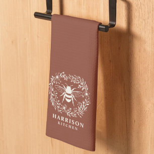 Bee Wreath Family Monogram Name Terracotta Tea Towel