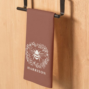 Bee Wreath Family Monogram Name Terracotta Tea Towel