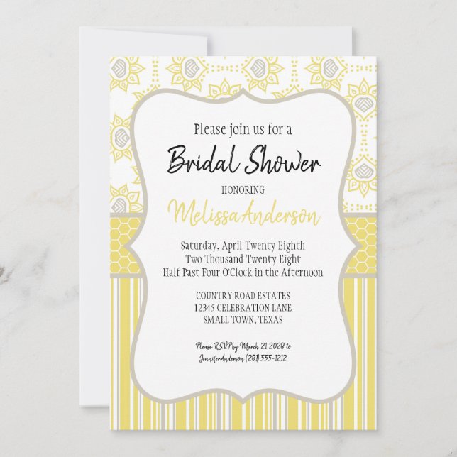 Bee Yellow and Grey Geometric Invitation (Front)