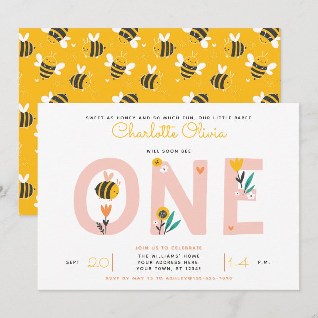 Bee Yellow & Pink Floral ONE Baby's 1st Birthday Invitation (Front/Back)