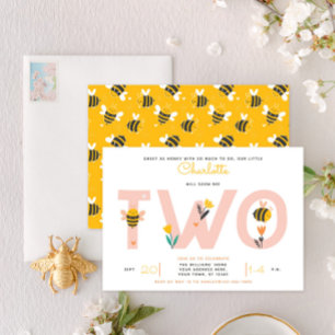 Bee Yellow & Pink Floral TWO Baby's 2nd Birthday Invitation