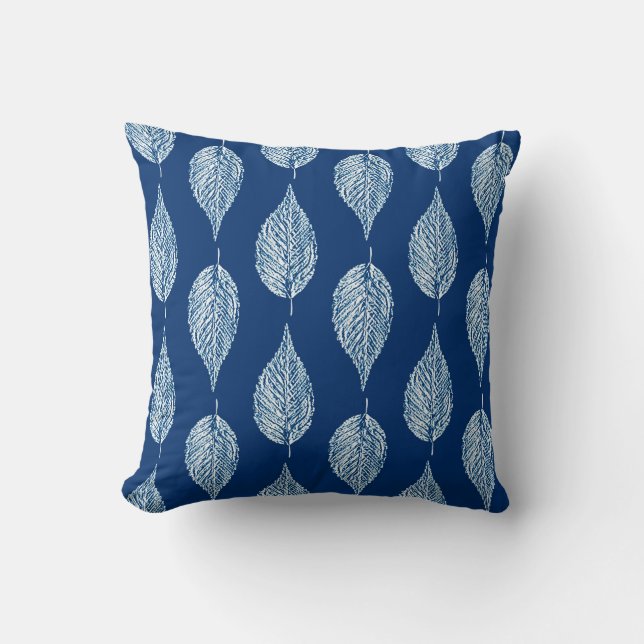 Beech Leaf Chalk Print, Cobalt Blue and White Cushion (Front)