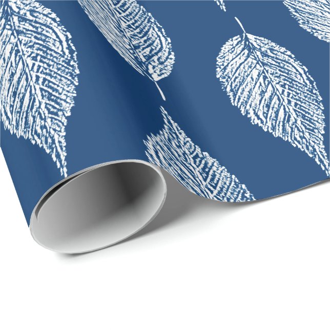 Beech Leaf Chalk Print, Cobalt Blue and White Wrapping Paper (Roll Corner)