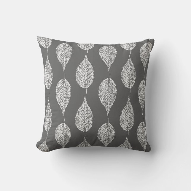 Beech Leaf Chalk Print, Grey / Grey and White Cushion (Front)