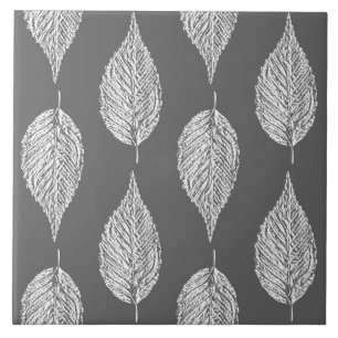 Beech Leaf Chalk Print, Grey / Grey and White Tile