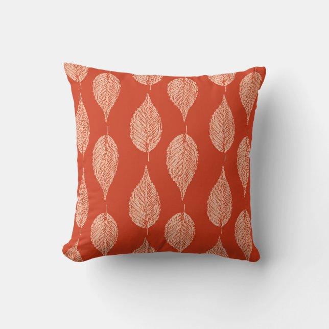 Beech Leaf Chalk Print, Mandarin Orange Cushion (Front)