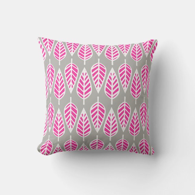 Beech leaf pattern - Fuchsia pink and silver Cushion (Front)