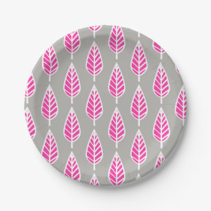 Beech leaf pattern - Fuchsia pink and silver Paper Plate