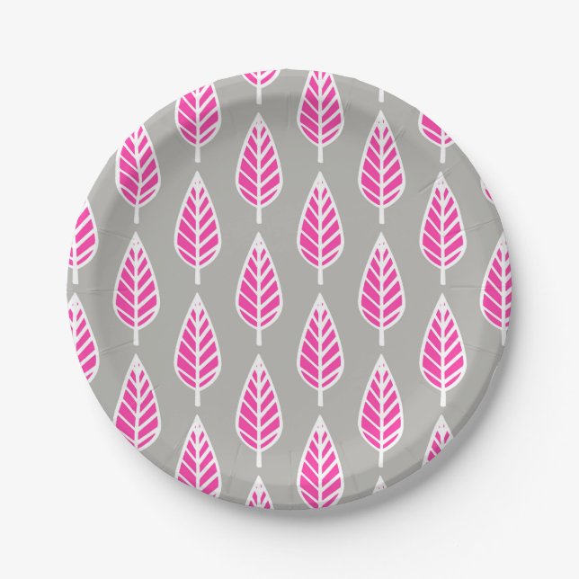 Beech leaf pattern - Fuchsia pink and silver Paper Plate (Front)