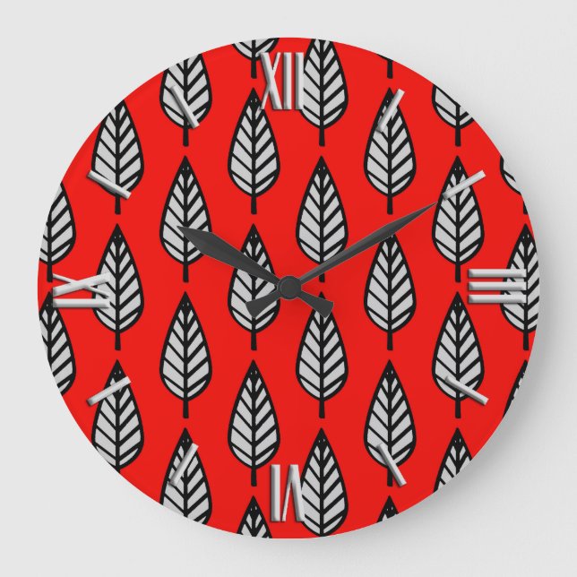 Beech leaf pattern - Red, black and grey / grey Large Clock (Front)