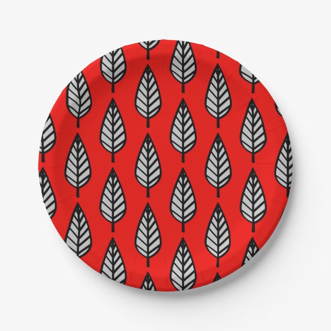 Beech leaf pattern - Red, black and grey / grey Paper Plate (Front)