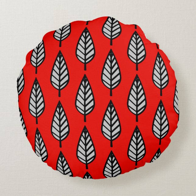 Beech leaf pattern - Red, black and grey / grey Round Cushion (Back)