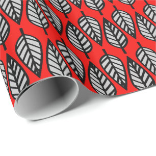 Beech leaf pattern - Red, black and grey / grey Wrapping Paper