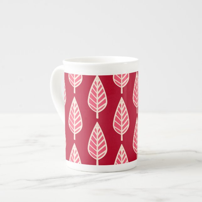 Beech leaf pattern - Ruby red and cream Bone China Mug (Front Left)