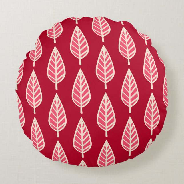 Beech leaf pattern - Ruby red and cream Round Cushion (Front)