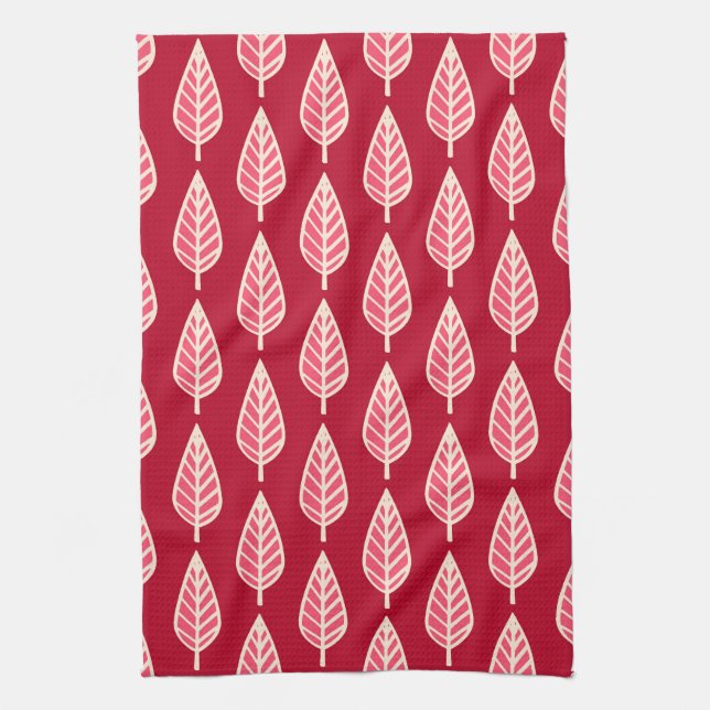 Beech leaf pattern - Ruby red and cream Tea Towel (Vertical)