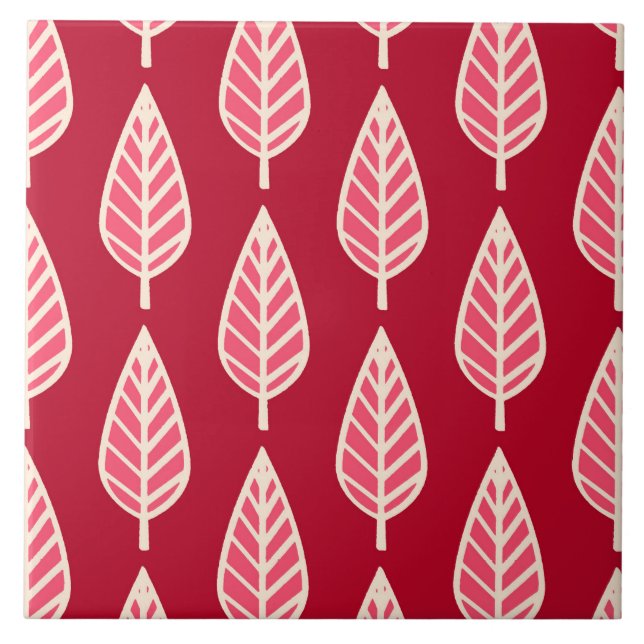 Beech leaf pattern - Ruby red and cream Tile (Front)