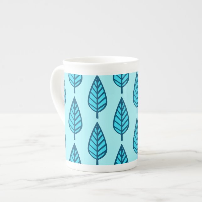 Beech leaf pattern - Shades of sky blue Bone China Mug (Front Left)