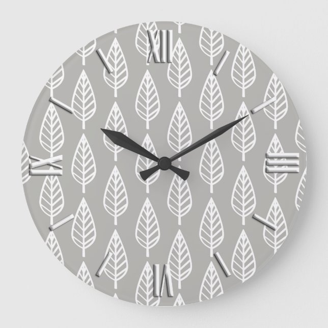 Beech leaf pattern - silver grey / grey and white large clock (Front)
