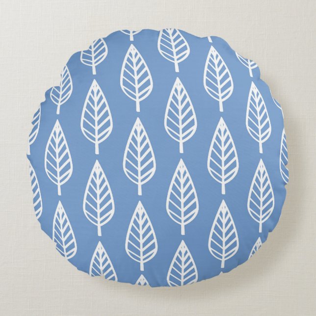 Beech leaf pattern - Sky blue and white Round Cushion (Front)