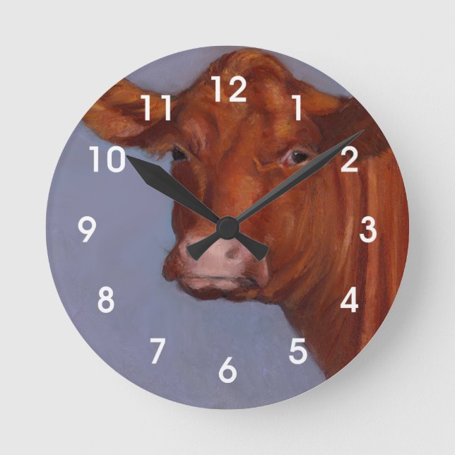 Beef Cow, Oil Pastel Painting, Red Cow Round Clock (Front)