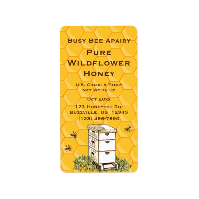 Beehive and Honeycomb Personalised Apiary Style 2 Label (Front)