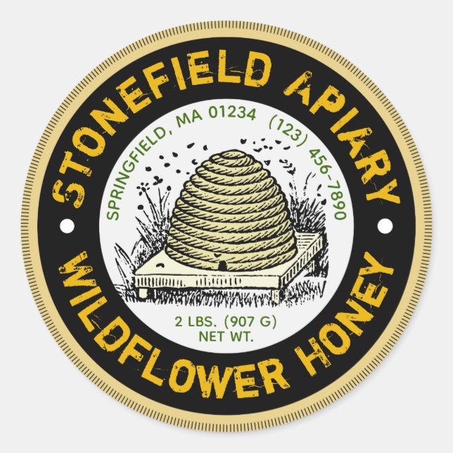 Beehive Apiary Name Light Amber Honey Jar Stickers (Front)