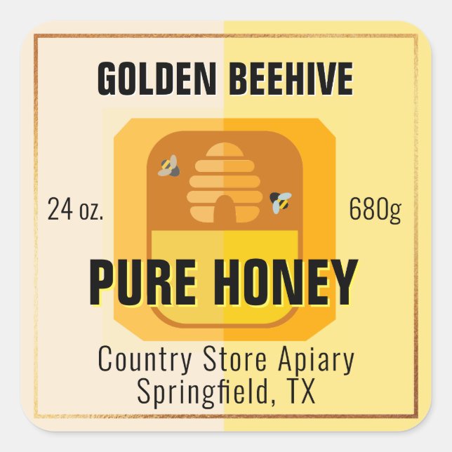 Beehive Graphic Light Gold Honey Jar Labels (Front)