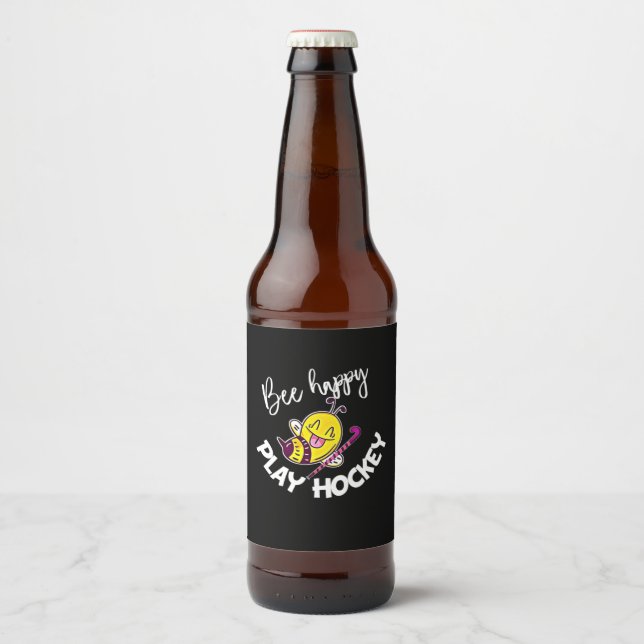 Beekeeper Gift | Bee Happy Play Hockey Beer Bottle Label (Front)