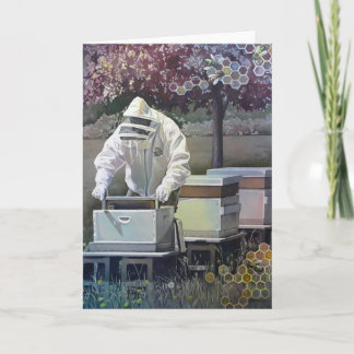 Beekeeper Tending Honey Bee Boxes Watercolor Art Card