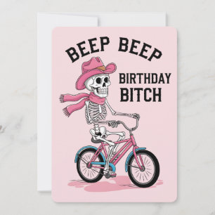 Beep Beep Birthday Funny Pink Skeleton Bike Invitation