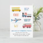 Beep Vroom Woo Aeroplane Kid's birthday party  Invitation<br><div class="desc">A kid's birthday party invitation featuring Train,  fire truck,  Air Plane and a school bus.</div>