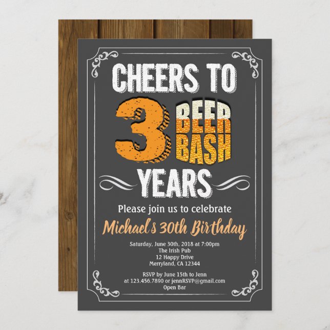 Beer 30th birthday chalkboard thirsty thirty invitation (Front/Back)