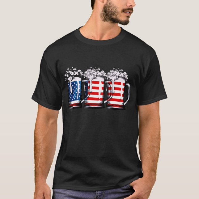 Beer American Flag 4th of July Merica USA Drinking T-Shirt (Front)