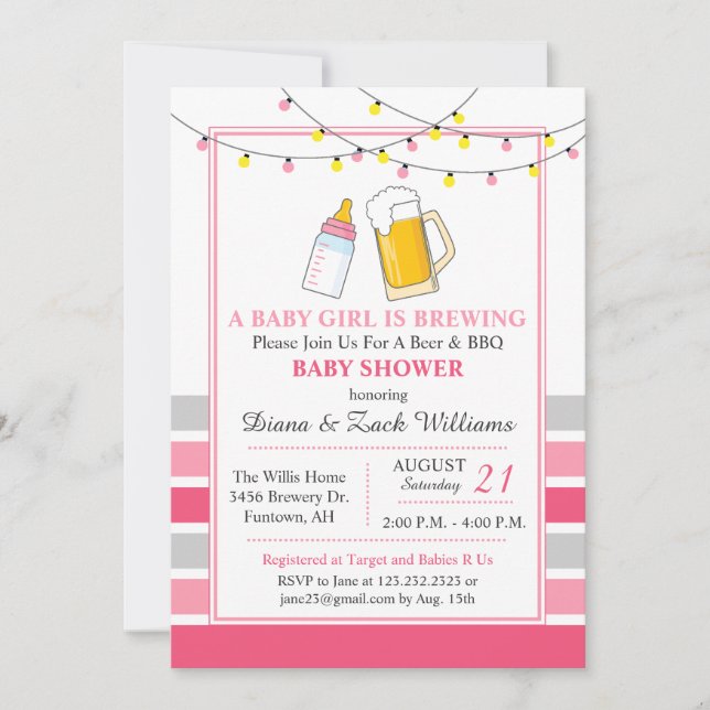 Beer and Baby Shower Invitation Pink (Front)