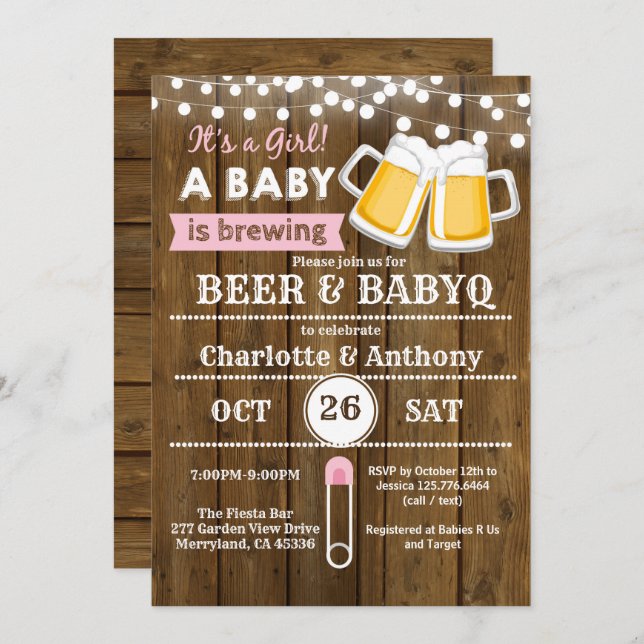 Beer and BabyQ couples baby shower invitation pink (Front/Back)