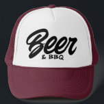 Beer and BBQ party Trucker Hat<br><div class="desc">Beer and BBQ party Trucker Hat. Cool cap for beer and barbecue lover. Brush script typography design. Personalise with your own favourite food or drinks. Available in different colours. Fun Birthday party gift idea for friends and family. Great for family reunion, festival, gathering, 4th of July and more. Custom hats...</div>