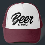 Beer and BBQ party Trucker Hat<br><div class="desc">Beer and BBQ party Trucker Hat. Cool cap for beer and barbecue lover. Brush script typography design. Personalise with your own favourite food or drinks. Available in different colours. Fun Birthday party gift idea for friends and family. Great for family reunion, festival, gathering, 4th of July and more. Custom hats...</div>