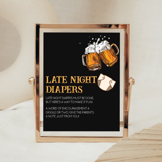 Beer and Diapers Baby Shower Late Night Diapers Poster (Brewing Diaper Party Baby Shower Late Night Diapers Sign)
