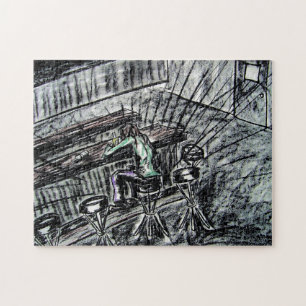 Beer and Empty Bar Stools charcoal drawing Jigsaw Puzzle