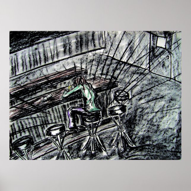 Beer and Empty Bar Stools charcoal drawing Poster (Front)