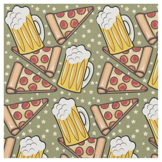 Beer and Pizza Graphic Pattern v3 Fabric (Close Up)