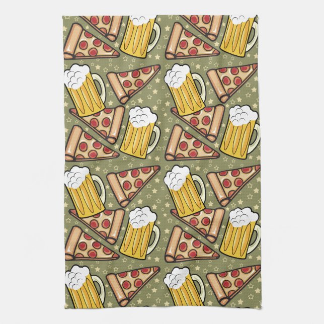 Beer and Pizza Graphic Pattern Vertical Tea Towel (Vertical)