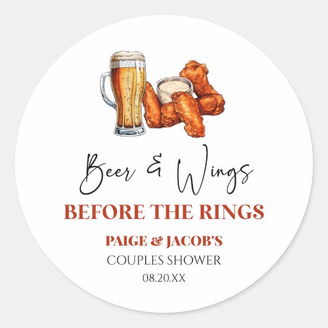 Beer and Wings Before The Rings Couples Shower  Classic Round Sticker (Front)